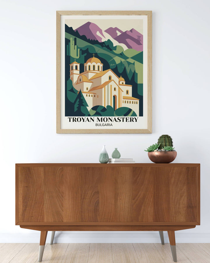Modern Troyan Monastery Bulgaria travel poster with geometric spiritual design, bold forest greens, golden accents, cream monastery, and contemporary flat design illustration