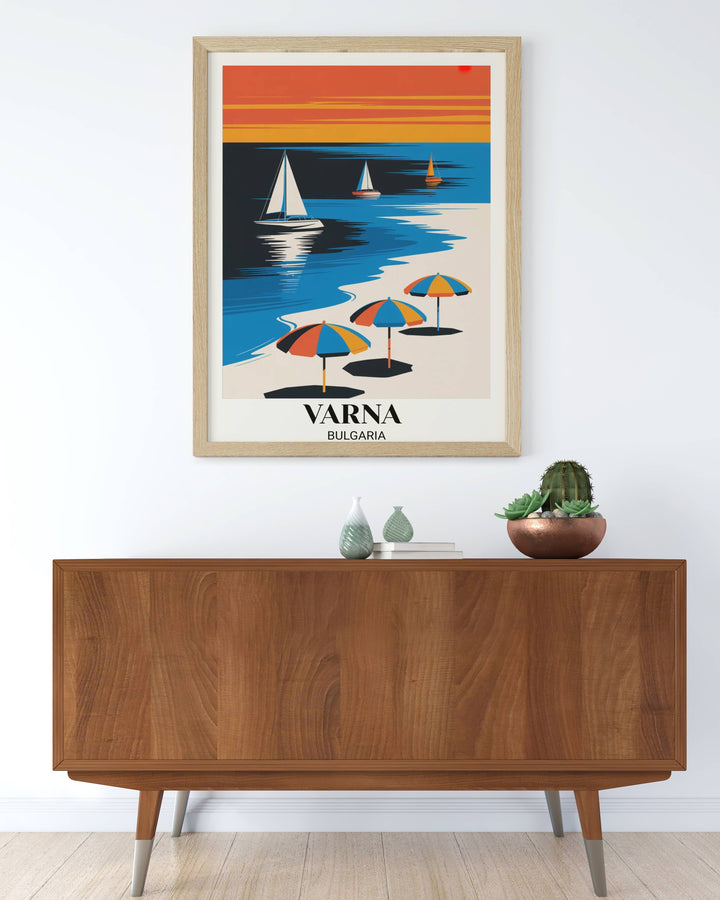 Contemporary minimalist travel poster of Varna Bulgaria with bold color contrasts, geometric beach scene, sailboats, umbrellas, and modern digital illustration style
