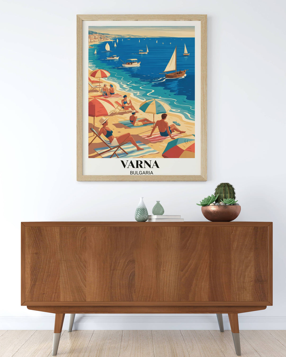 Authentic 1950s Balkantourist poster of Varna Bulgaria coastal destination with sailing vessels, sunbathers, umbrellas, and nostalgic Mediterranean beach resort atmosphere
