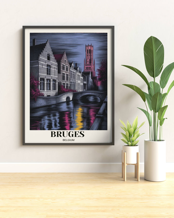 Luxury modern wall decor featuring the iconic Bruges canal at night, designed in a high-contrast palette of indigo and electric pink, available as a textured canvas.