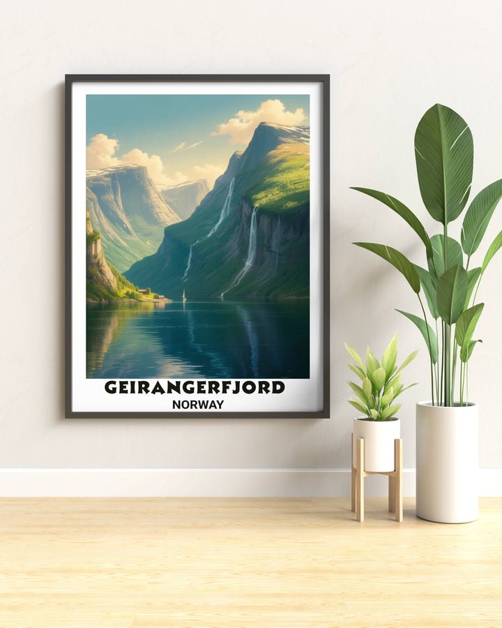 Scandinavian style nature print of the famous Geirangerfjord with a red cabin on the shoreline and majestic waterfalls, ideal for building a Nordic inspired gallery wall collection.