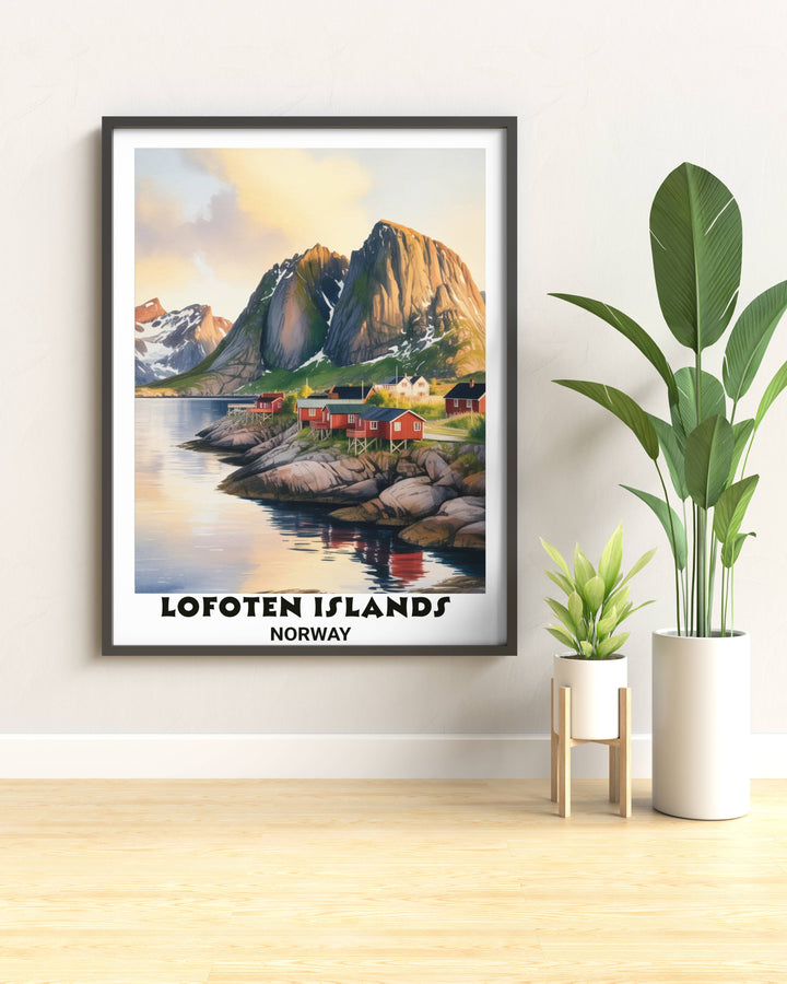 Scandinavian style travel art of the Lofoten archipelago featuring a clean illustrative aesthetic with emerald green slopes and deep blue waters for a Nordic gallery wall.