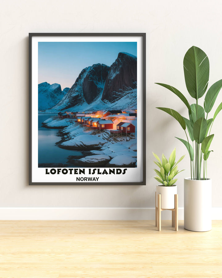 High-quality framed wall art of Hamnøy Lofoten in winter showing warm amber cabin lights reflecting off the deep blue Arctic waters and jagged icy peaks under a twilight sky.