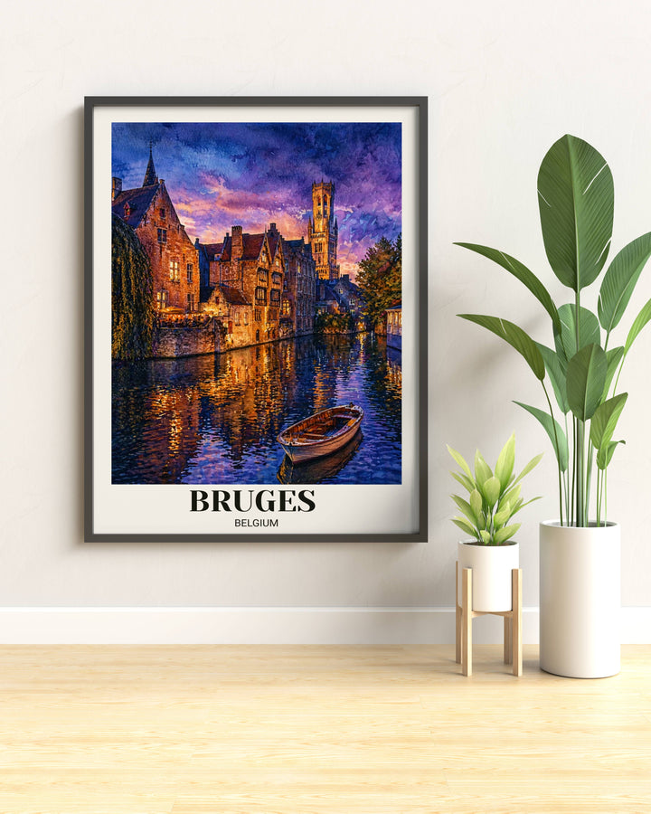 High-quality watercolor print of the Venice of the North, Bruges, capturing the architectural beauty of medieval Belgium at dusk for a luxury home gallery wall.