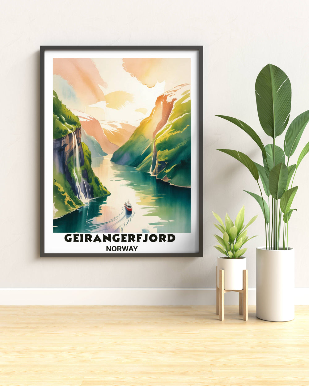 Premium framed wall art featuring a Norwegian fjord landscape with emerald green mountains and a soft sunset sky, perfect for Scandinavian themed home decor and living room walls.