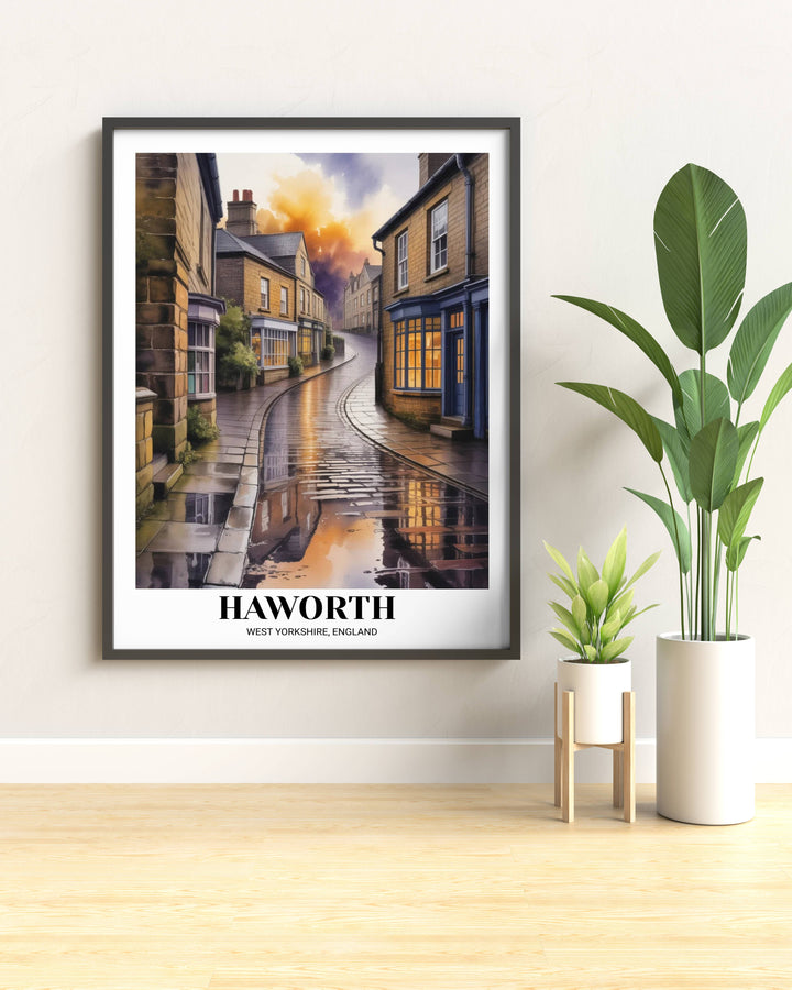Artistic representation of Bronte heritage in Haworth, capturing the mood of the Yorkshire moors through a romantic post-rain village scene and glowing sunset.