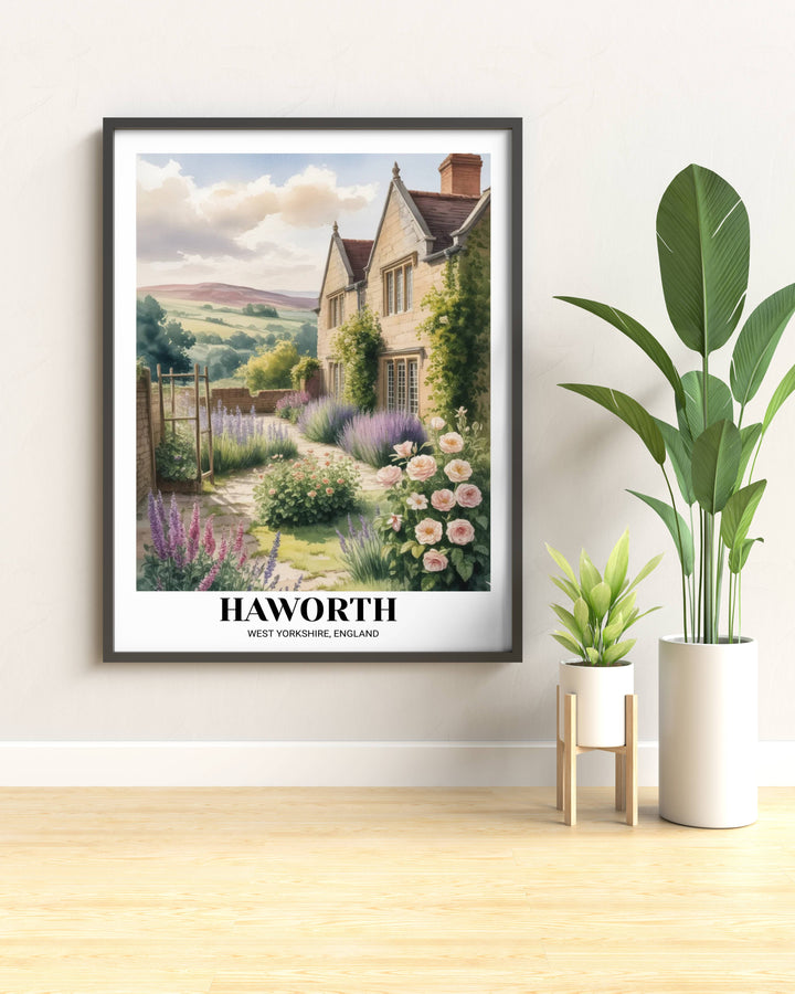 Sophisticated Yorkshire travel gift showing the peaceful garden sanctuary of the Brontë family, capturing the romantic essence of the "Little Smokies" region.