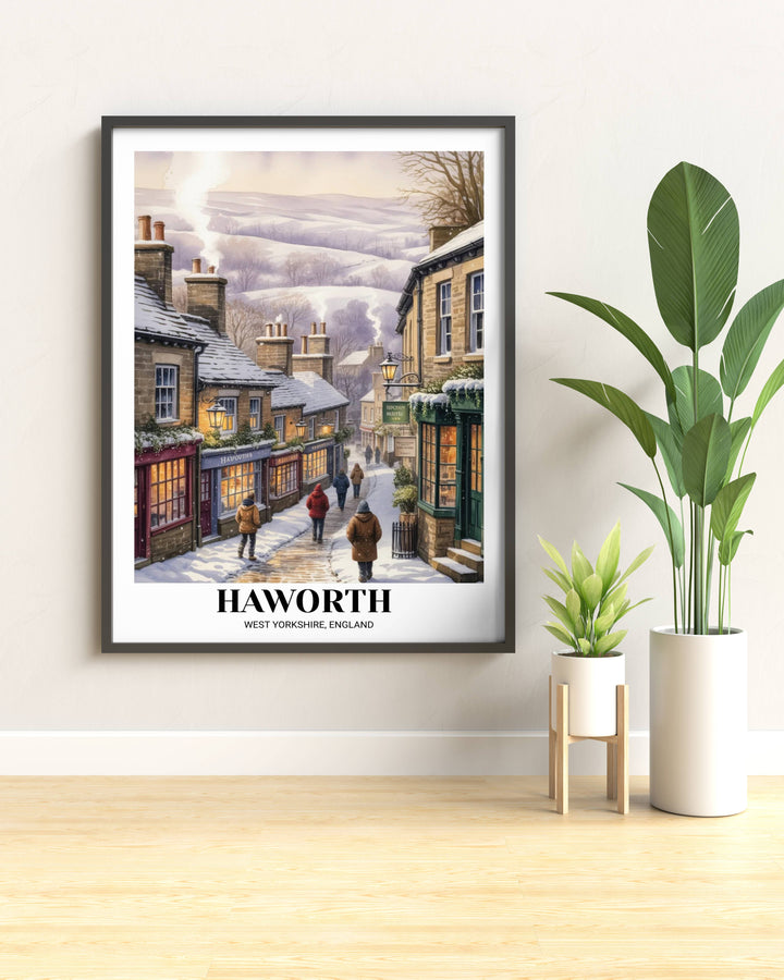 Haworth West Yorkshire winter travel poster showing a snowy cobblestone street at twilight with warm orange lights in shop windows and falling snow.