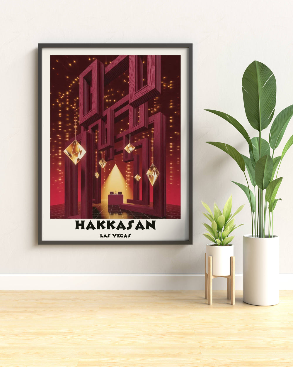 High-end Hakkasan Las Vegas poster by Map Your Dreams with rich burgundy and amber gold tones. Captures the architectural luxury of the MGM Grand via a dreamscape lens.