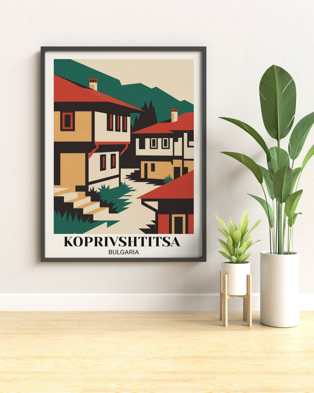 Contemporary Koprivshtitsa minimalist travel poster featuring bold geometric folk village, striking color palette, traditional elements, and modern design approach
