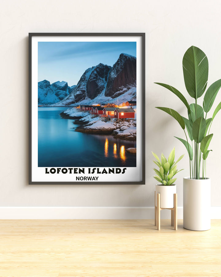 Norwegian Lofoten Islands scenic wall art featuring towering rocky peaks covered in snow, traditional Rorbue fishing cabins with warm interior lighting