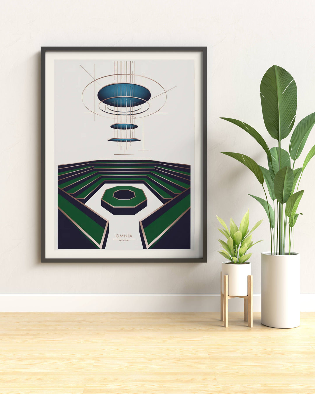 Architectural art of Omnia Las Vegas reimagined as a modern Bauhaus masterpiece with sharp precision and minimalist geometric forms.