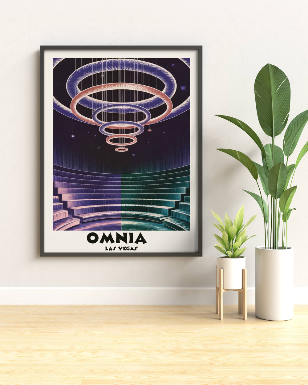 High-energy Omnia Las Vegas poster featuring split-tone purple and teal gradients. Captures the "kinetic drop" of a legendary nightlife moment.