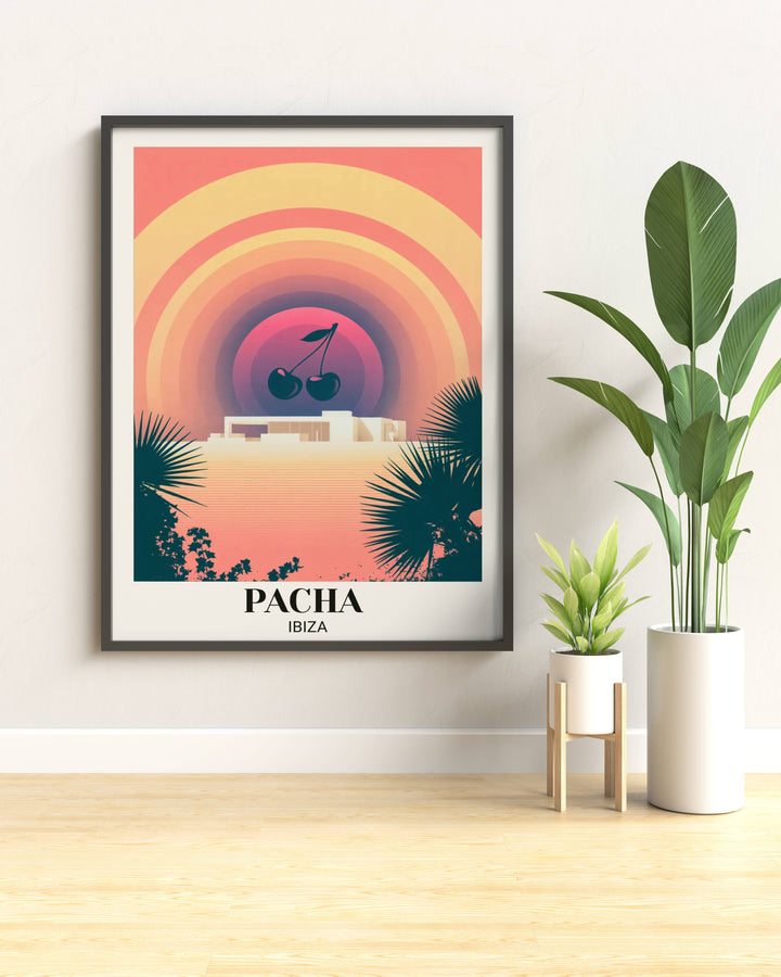 Experience the ethereal side of the White Isle with this premium Pacha Ibiza art print from Map Your Dreams, showcasing a multi-layered retro-futurist sun over the classic white villa.