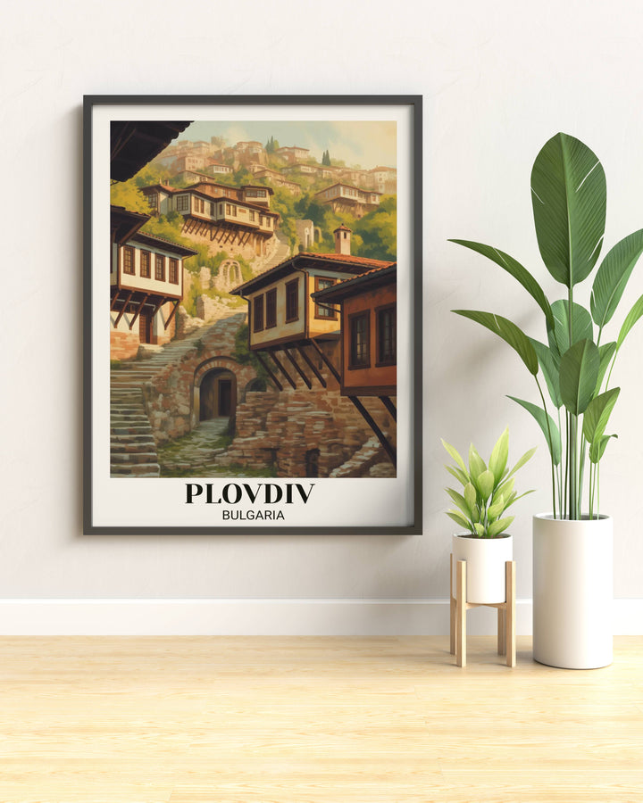 Retro Bulgaria travel poster depicting Plovdiv with ancient old town, stepped hillside houses, traditional architecture, warm sunlight, and vintage cultural aesthetic