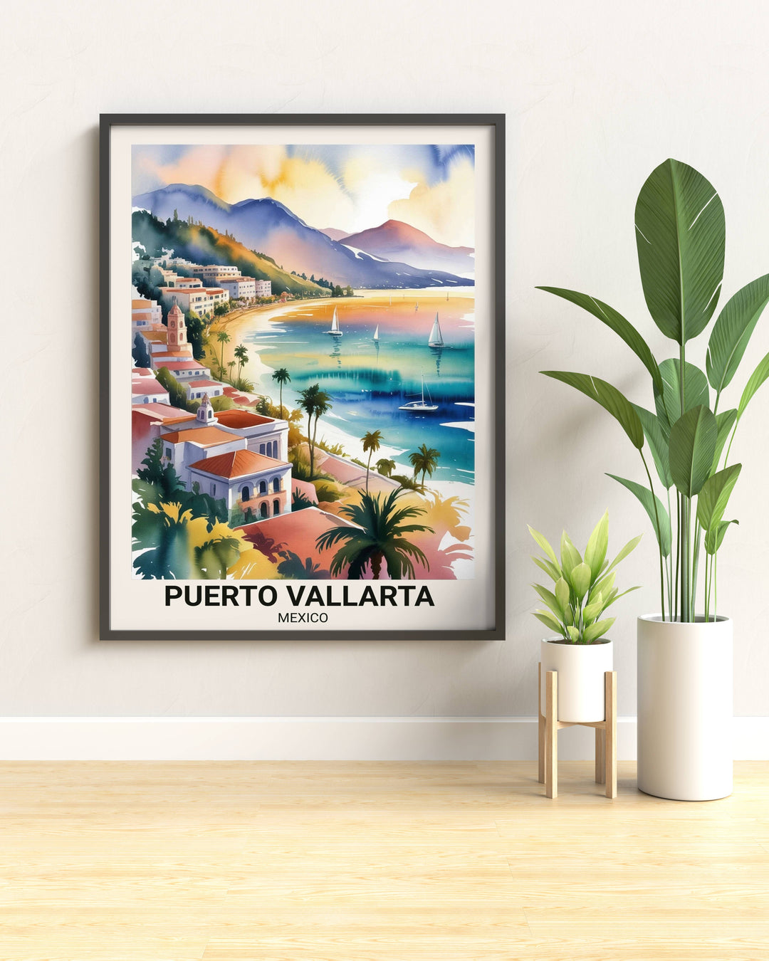 Detailed architectural illustration of the iconic crown atop the Guadalupe Church in Puerto Vallarta, surrounded by traditional terracotta roof houses and lush tropical greenery.
