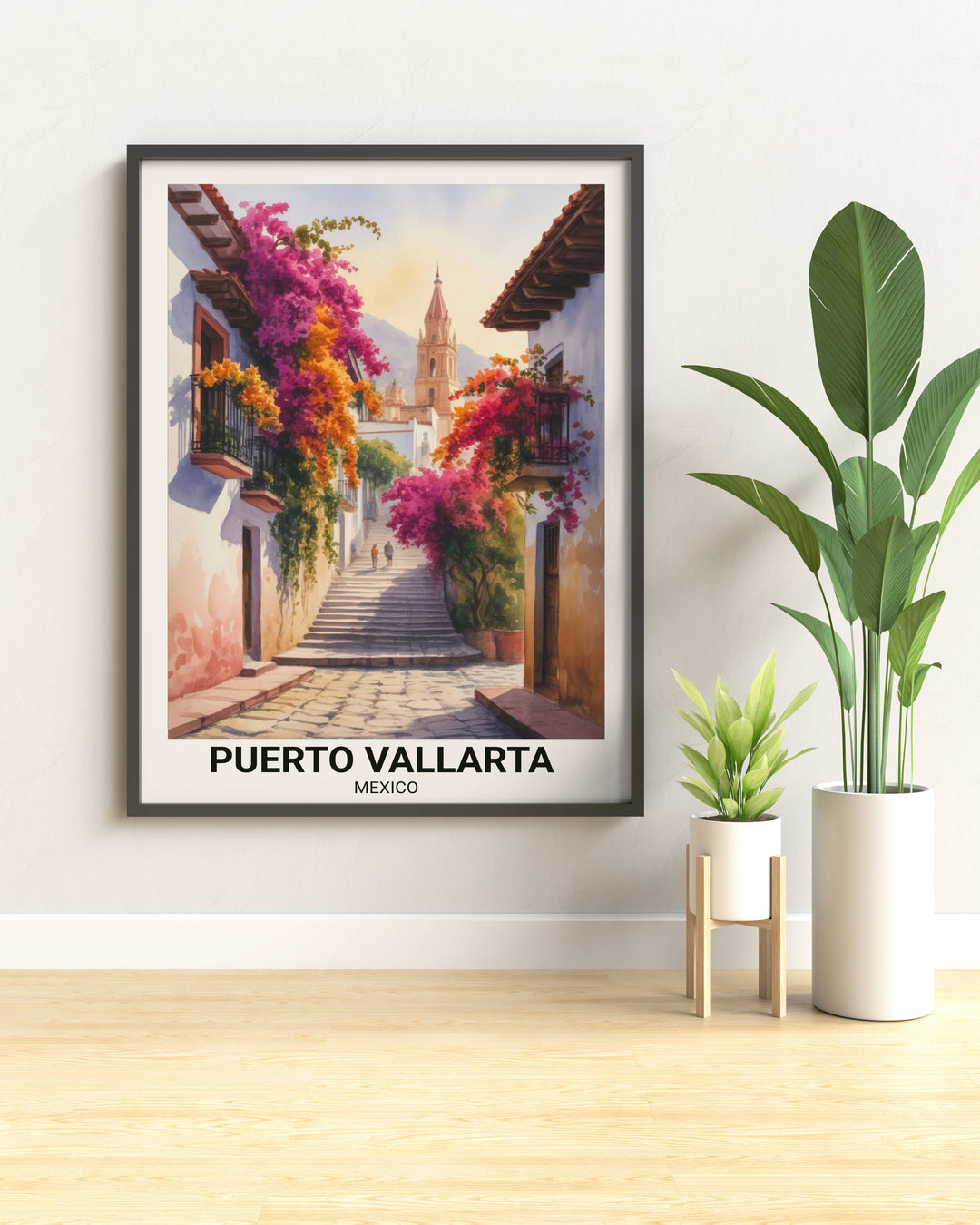Mexico travel poster of a cobblestone street in Old Town Puerto Vallarta with whitewashed colonial buildings and colorful tropical flowers cascading from balconies in a soft style.