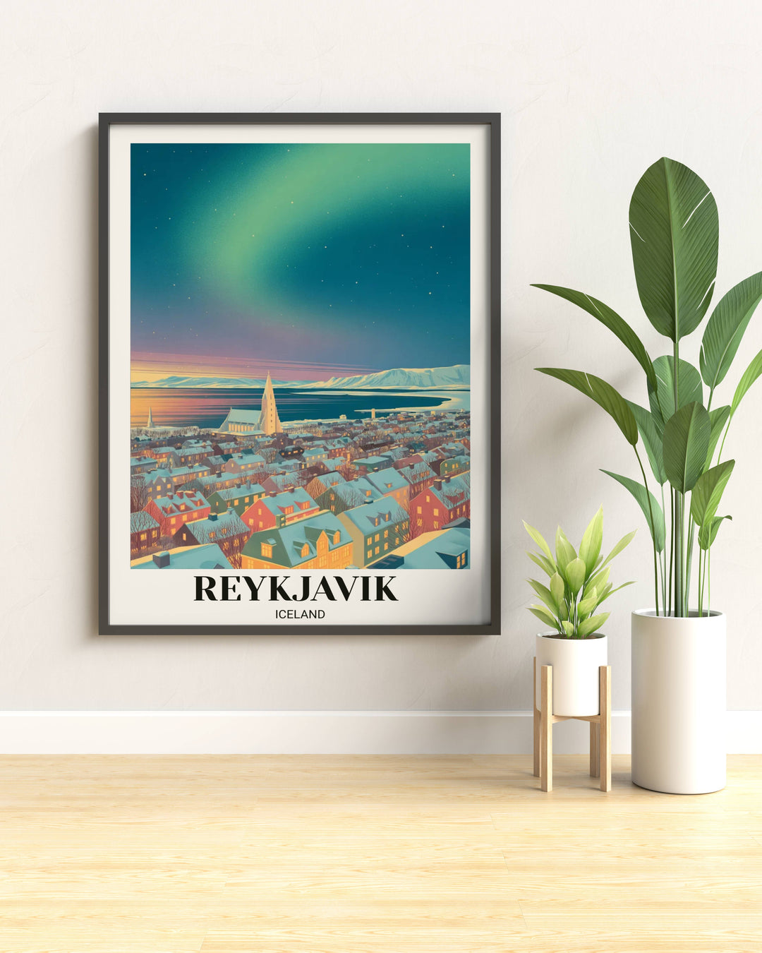 Contemporary Nordic travel art showing a panoramic view of Reykjavik with snow-covered mountains and glowing city lights in a sophisticated style.