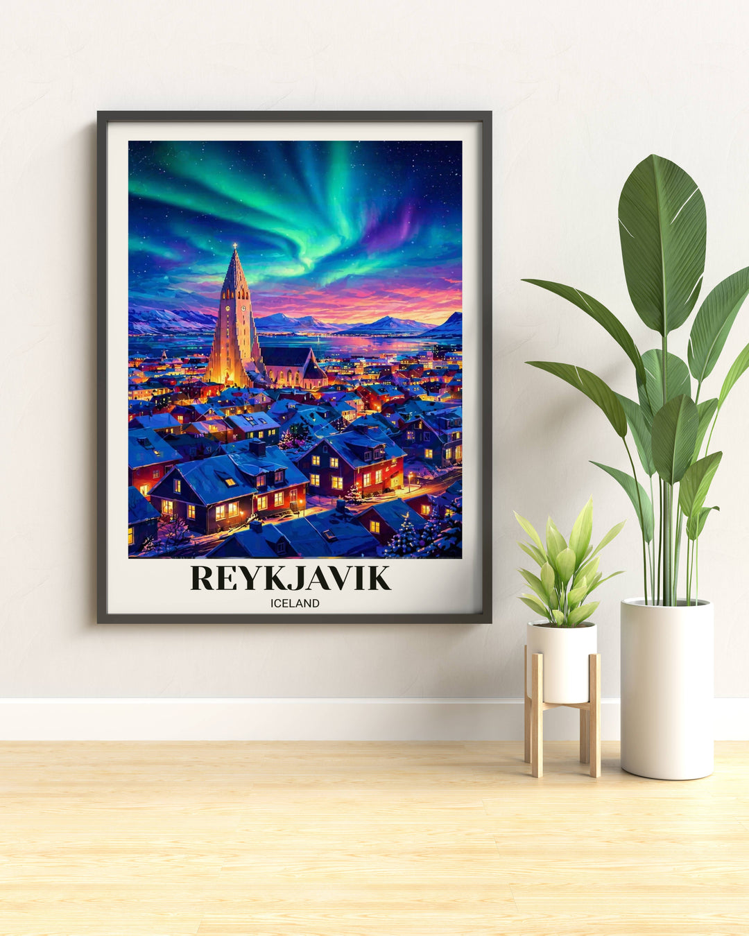 Detailed architectural illustration of Hallgrimskirkja church in Reykjavik Iceland catching a glowing peak against a vibrant purple and green atmospheric Arctic sky.