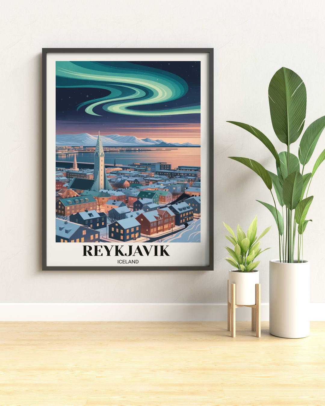 Detailed architectural art of Hallgrimskirkja church in Reykjavik with high-saturation neon aurora and glowing city windows in winter.