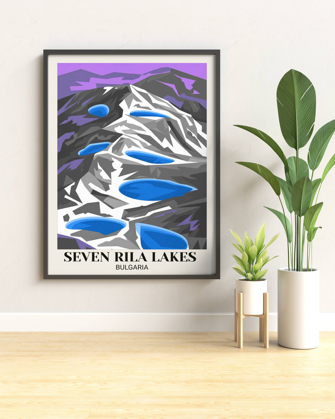Modern geometric Rila Lakes poster art showing simplified alpine landscape, bold colors, geometric peaks and lakes, and contemporary flat design