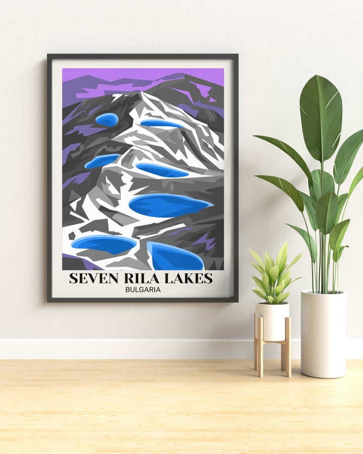 Modern geometric Rila Lakes poster art showing simplified alpine landscape, bold colors, geometric peaks and lakes, and contemporary flat design