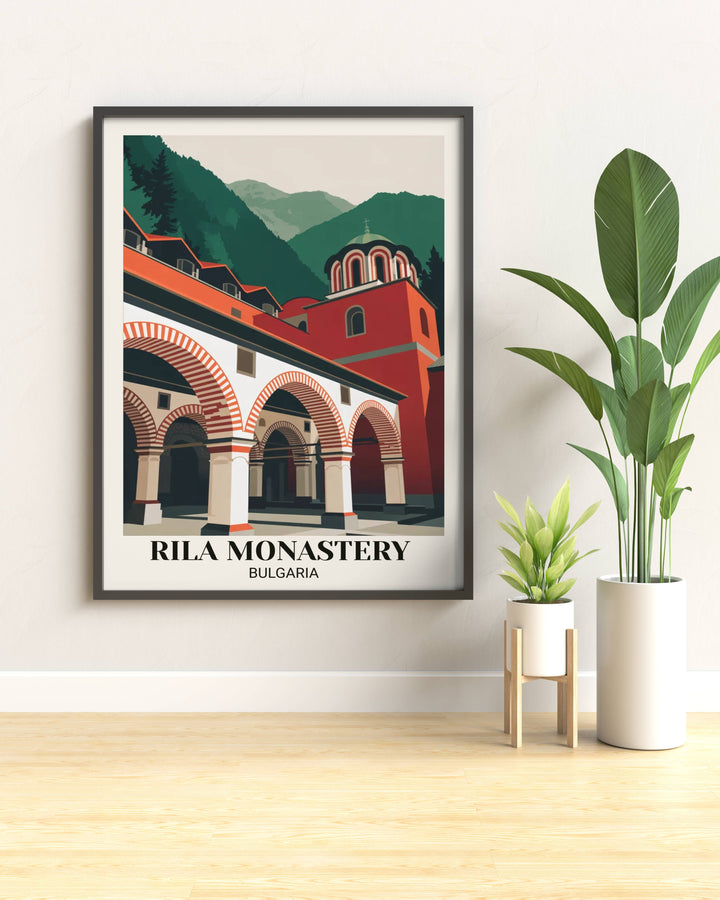 Contemporary Rila Monastery UNESCO heritage art print with geometric monastery architecture, bold red and white colors, minimalist design, and modern illustration style
