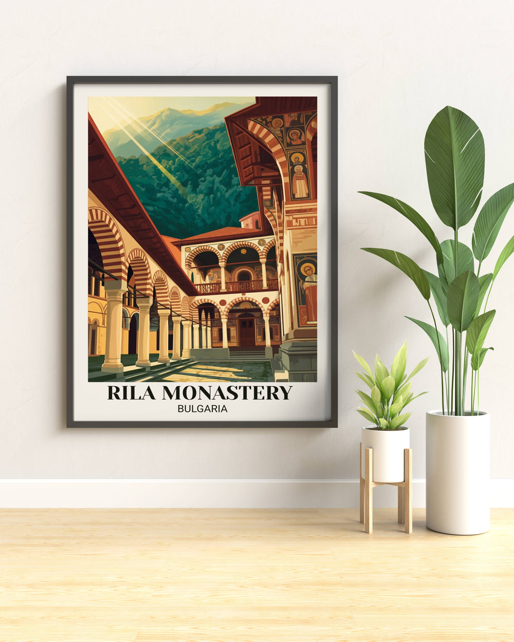 Retro Rila Monastery UNESCO heritage travel poster depicting monastic compound with red and white arcade arches, forest mountains, golden light, and romantic vintage monastery aesthetic