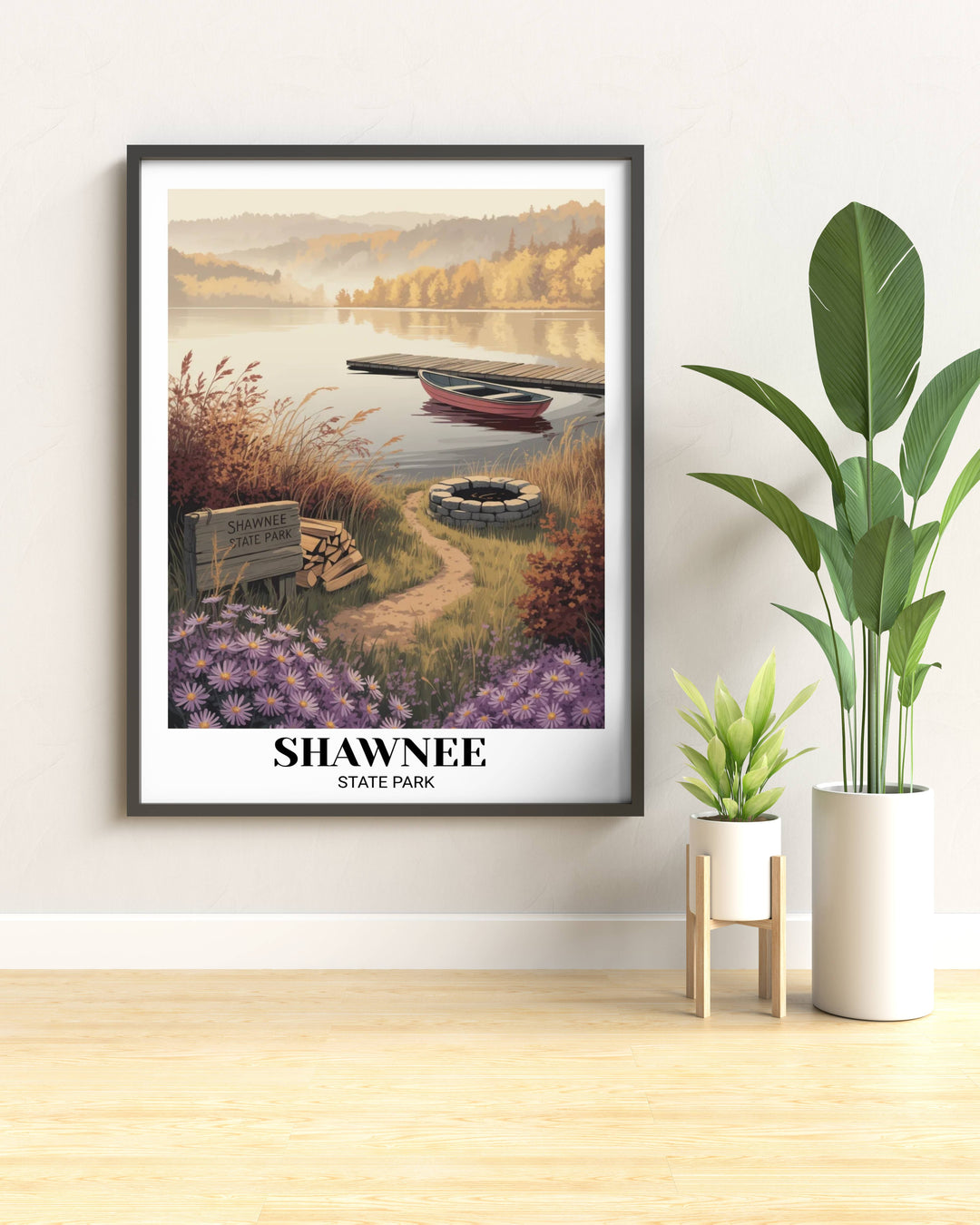 Shawnee State Park Ohio travel poster featuring a misty autumn lake with a red rowboat, wooden dock, and purple wildflowers in a nostalgic vintage storyteller illustration style.