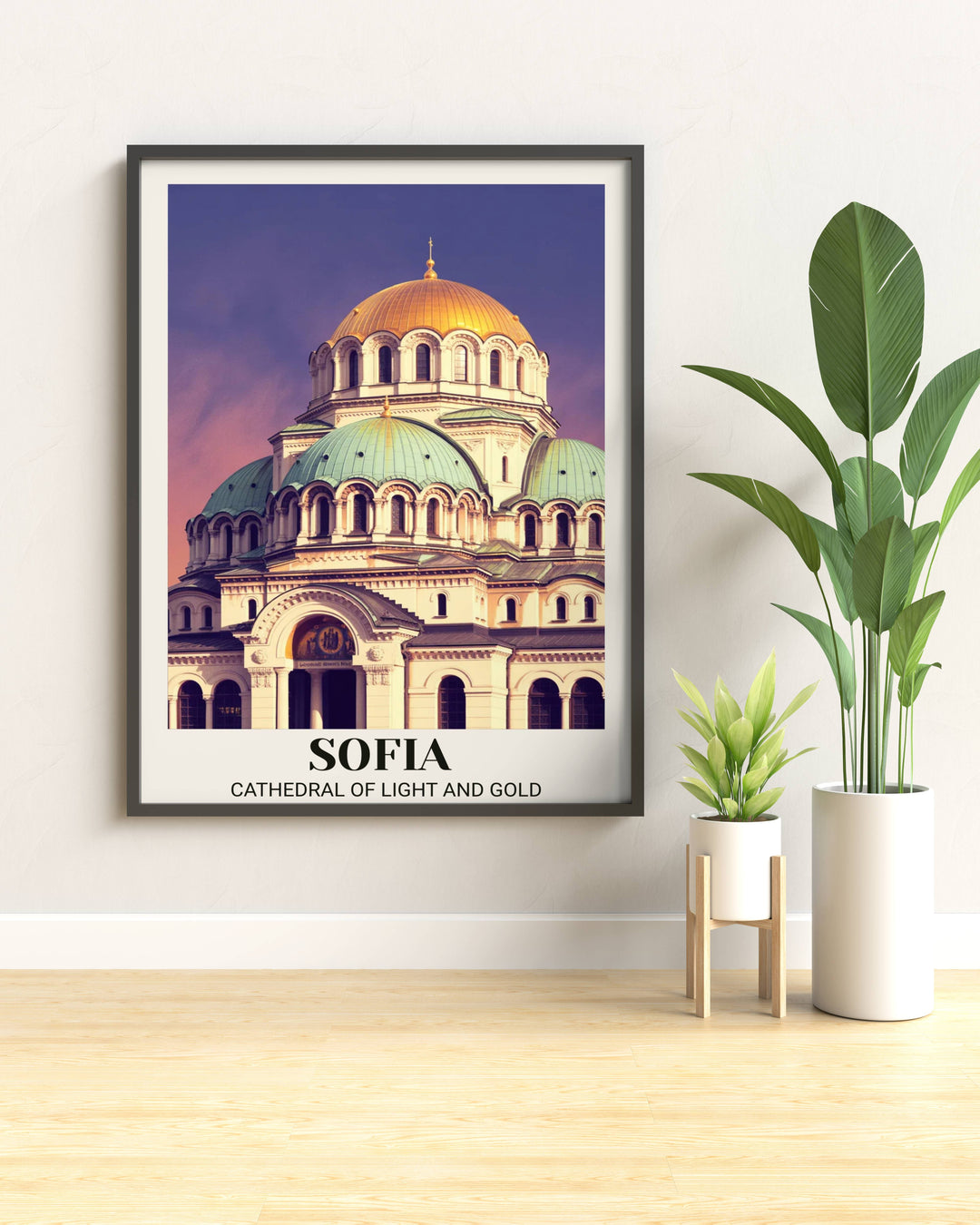 Retro Sofia Cathedral travel poster depicting Alexander Nevski landmark with iconic golden dome, ornate Byzantine details, warm sunlight, and elegant vintage heritage design
