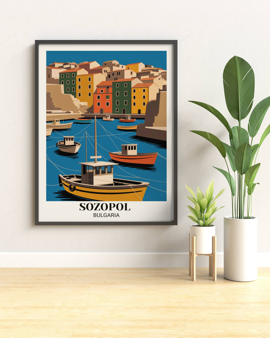 Contemporary Sozopol coastal town art print showing geometric harbor scene, bold colors, simplified buildings, maritime elements, and minimalist illustration style
