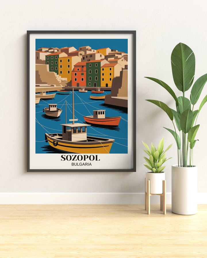 Contemporary Sozopol coastal town art print showing geometric harbor scene, bold colors, simplified buildings, maritime elements, and minimalist illustration style
