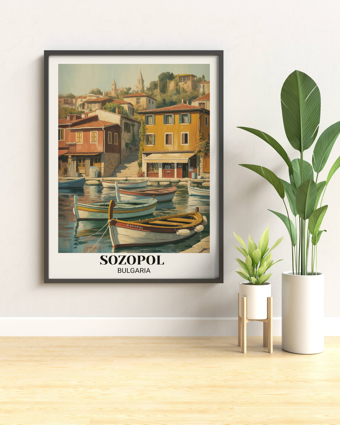 Retro Sozopol coastal town travel poster depicting traditional harbor, wooden boats, colorful architecture, cobblestone streets, and romantic impressionist artistic style