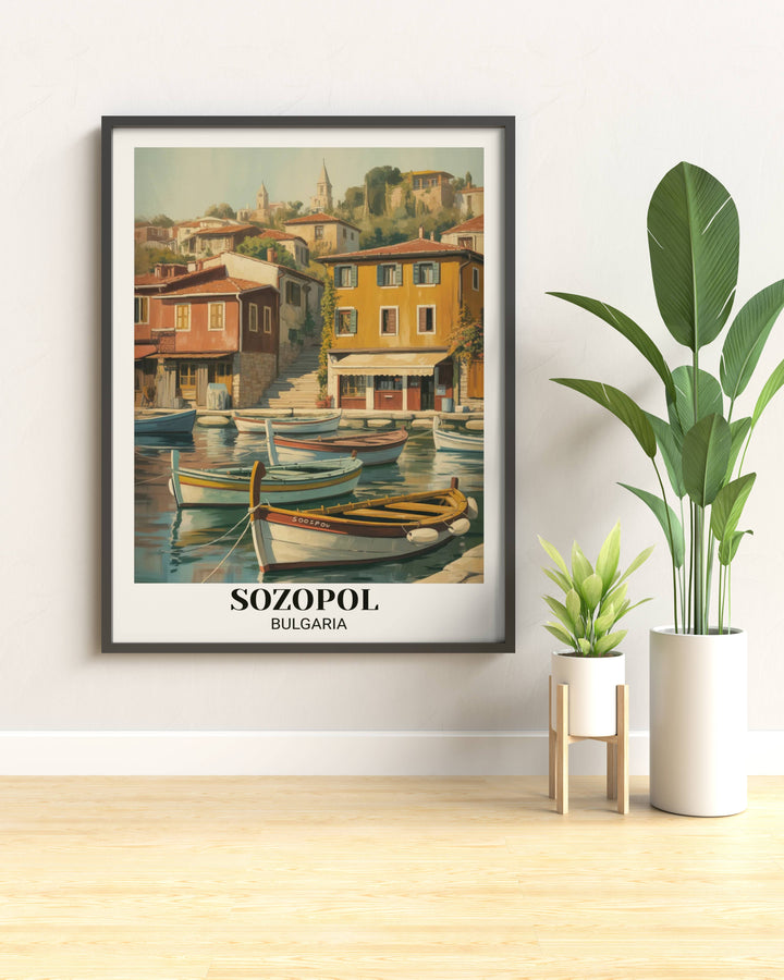 Retro Sozopol coastal town travel poster depicting traditional harbor, wooden boats, colorful architecture, cobblestone streets, and romantic impressionist artistic style