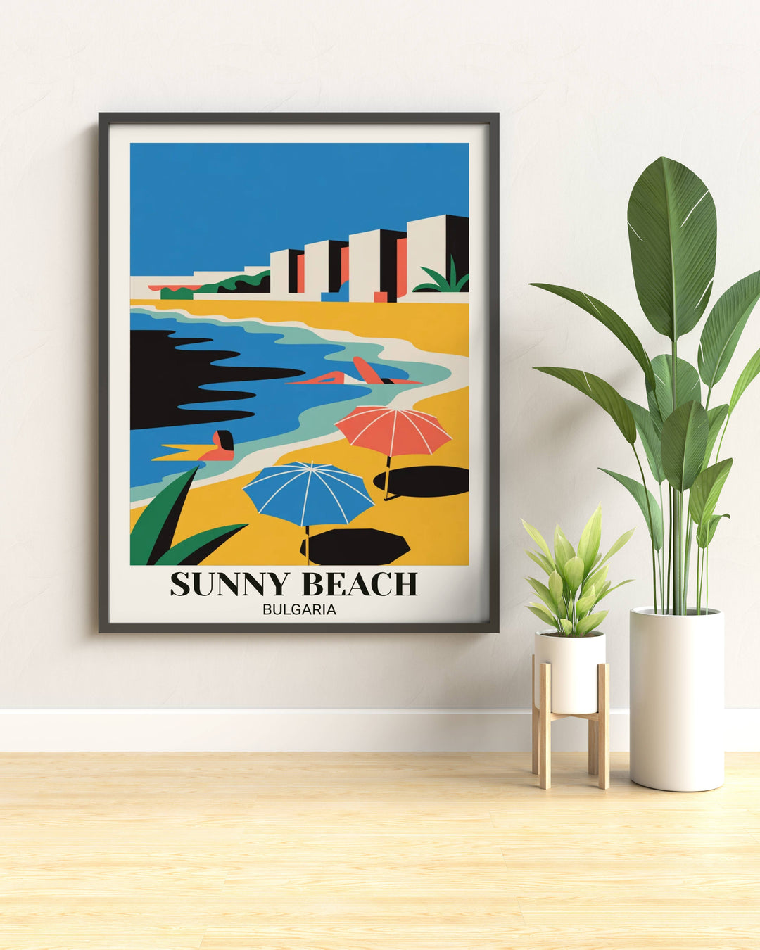 Modern minimalist Sunny Beach Bulgaria travel poster with bold geometric beach design, electric blues, bright yellows, vibrant corals, umbrellas, swimmers, and contemporary style
