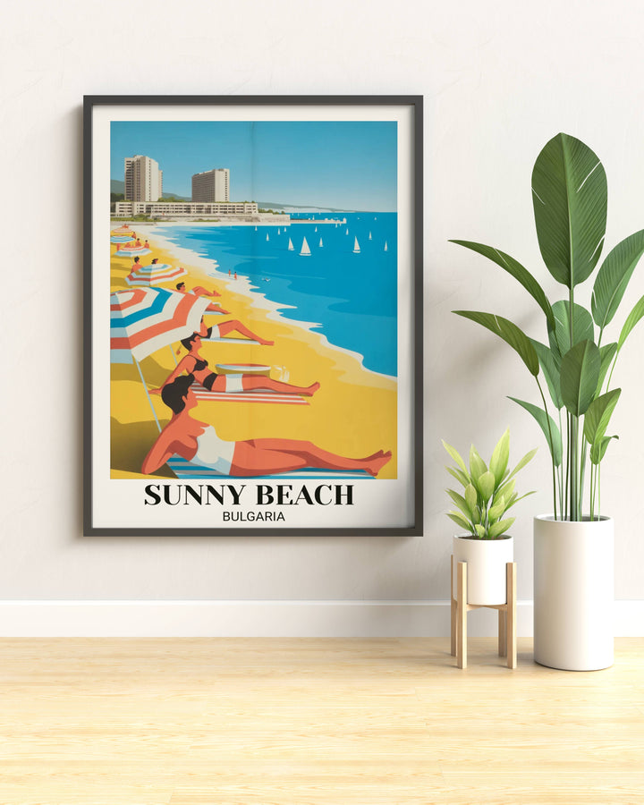 Vintage poster art of Sunny Beach Bulgaria showing retro resort beach scene, colorful umbrellas, beachgoers, vibrant turquoise sea, and 1960s-70s vacation aesthetic
