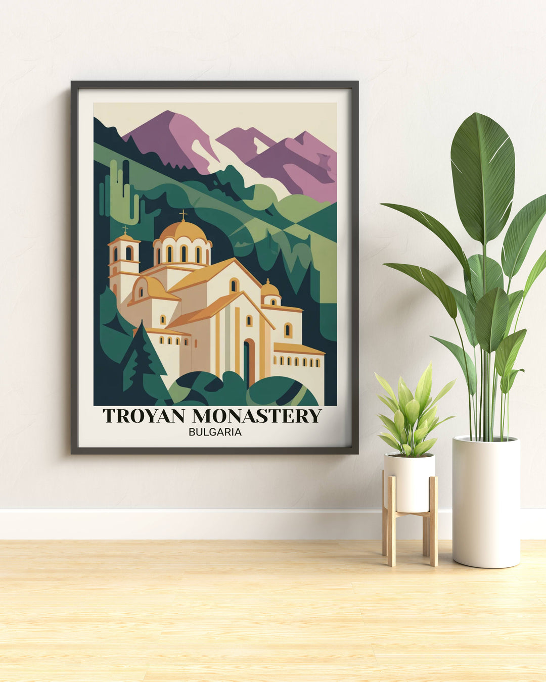 Contemporary minimalist Troyan Monastery poster with bold geometric sacred elements, striking color contrasts, monastery and forest, and modern digital illustration