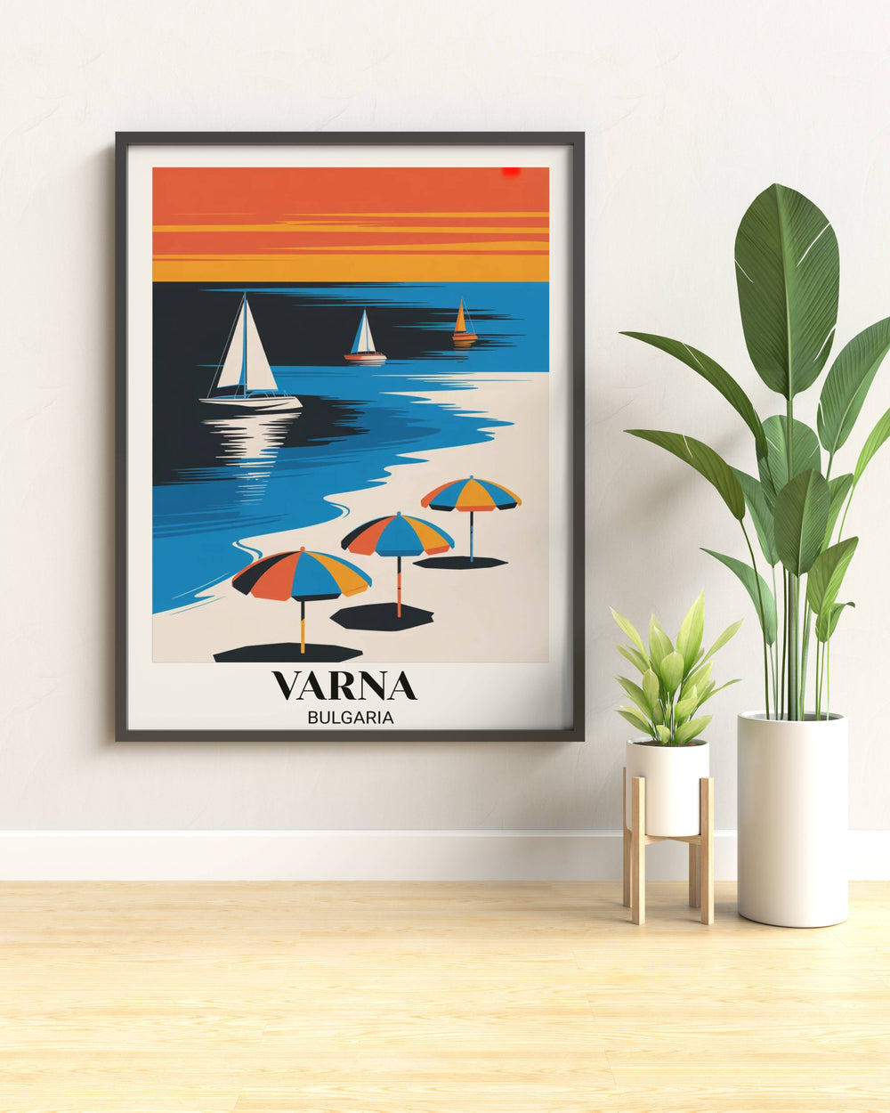 Contemporary Varna Bulgaria art print featuring minimalist beach scene with electric blues, sunset oranges, geometric sailboats, umbrellas, and modern vector illustration aesthetic