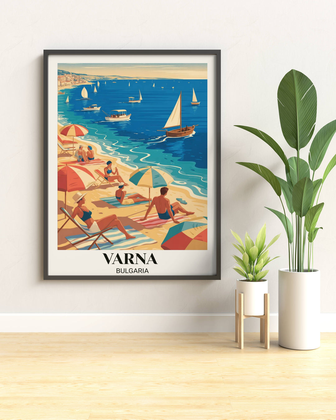 Black Sea vintage travel poster featuring Varna Bulgaria with beachgoers, colorful umbrellas, sailboats, golden hour light, and art deco geometric influences in warm color palette