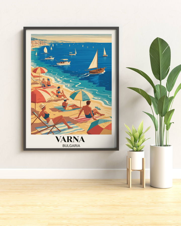 Black Sea vintage travel poster featuring Varna Bulgaria with beachgoers, colorful umbrellas, sailboats, golden hour light, and art deco geometric influences in warm color palette