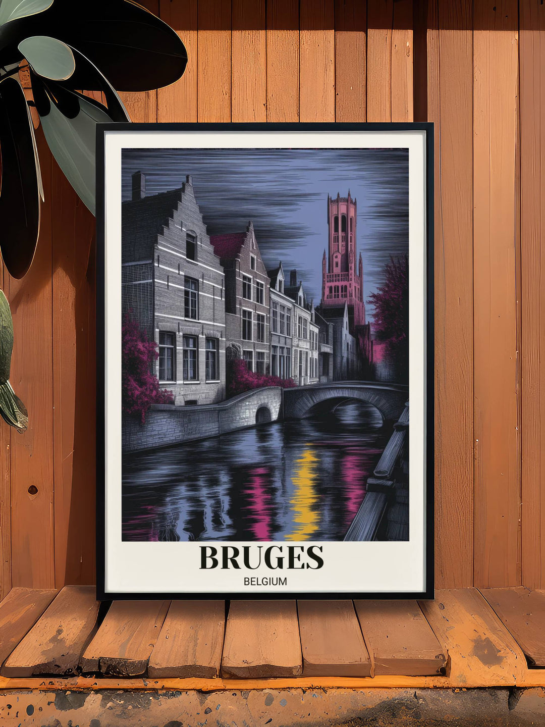 Gothic-inspired Bruges Belgium poster with modern heritage typography, showing the heavy etched texture of medieval brickwork and vibrant sunset reflections on the water.