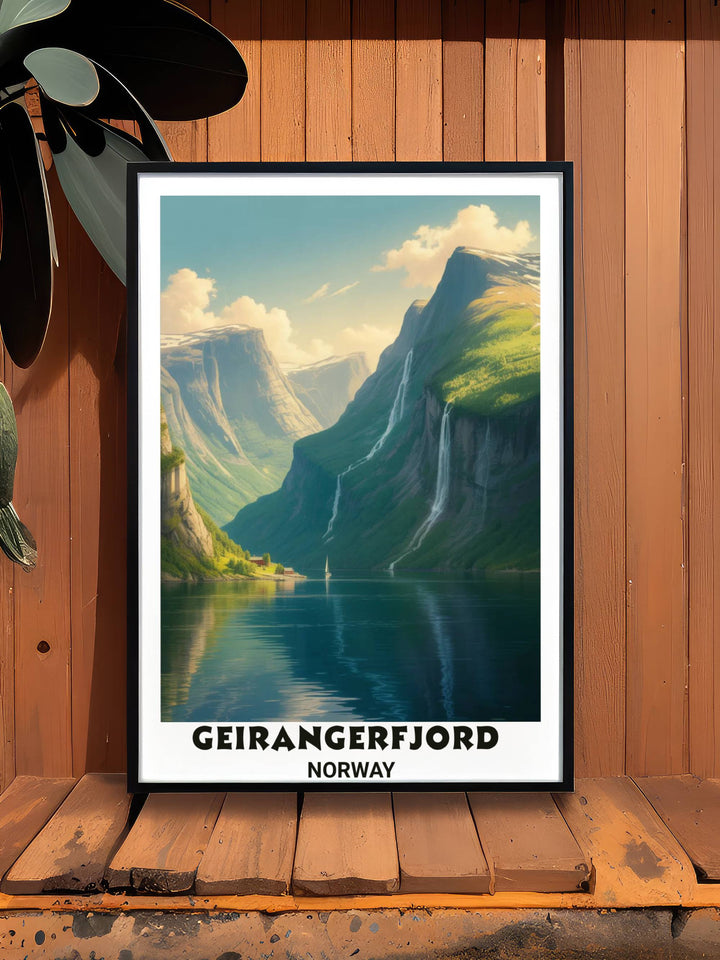 Large gallery wrapped canvas of a Norwegian fjord scene with sharp illustrative details and misty mountain peaks, providing a high-end look for minimalist interior design styles.