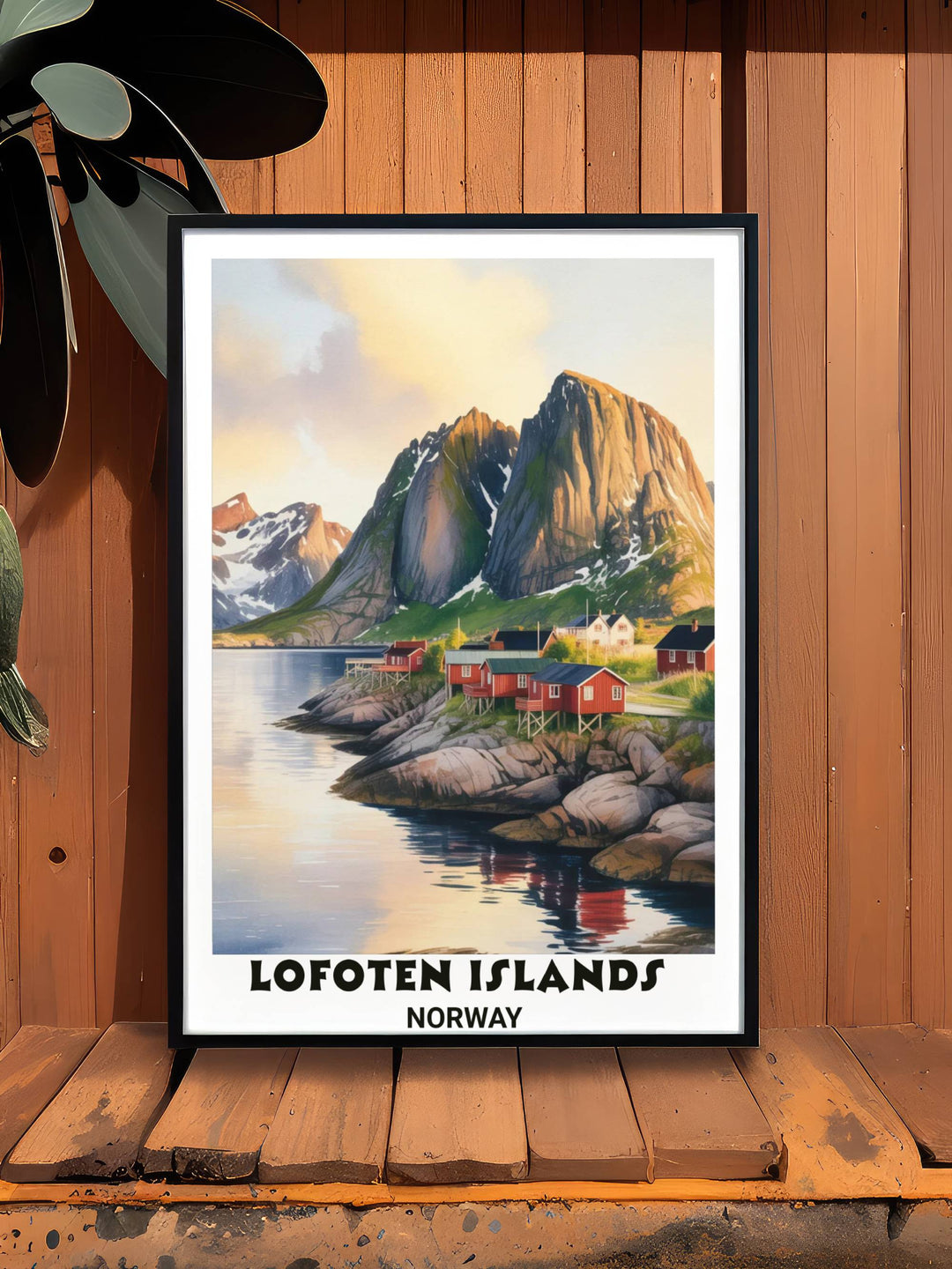An archival quality Giclee print of the Lofoten Islands Norway landscape with realistic golden hour sunlight hitting the rock faces and clear reflections on the fjord surface.