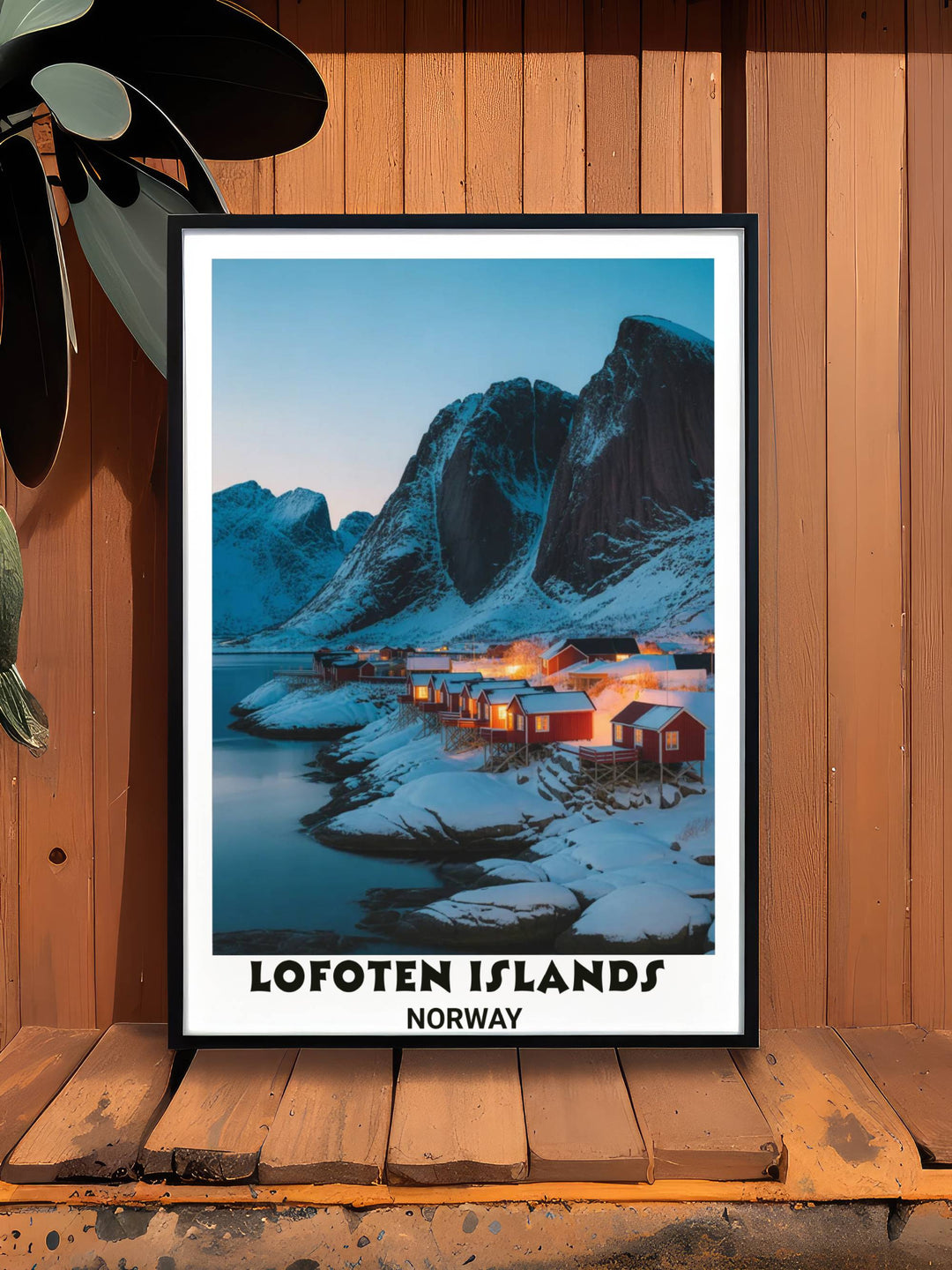 An archival quality Giclee print of the Lofoten Islands Norway winter landscape with realistic lighting on the jagged granite faces and clear reflections on the frozen fjord surface.