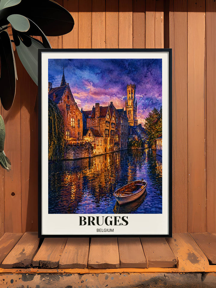 Vertical Belgium travel art showing the historic gabled houses of Bruges and the main canal, presented with a classic white border and clean serif typography.
