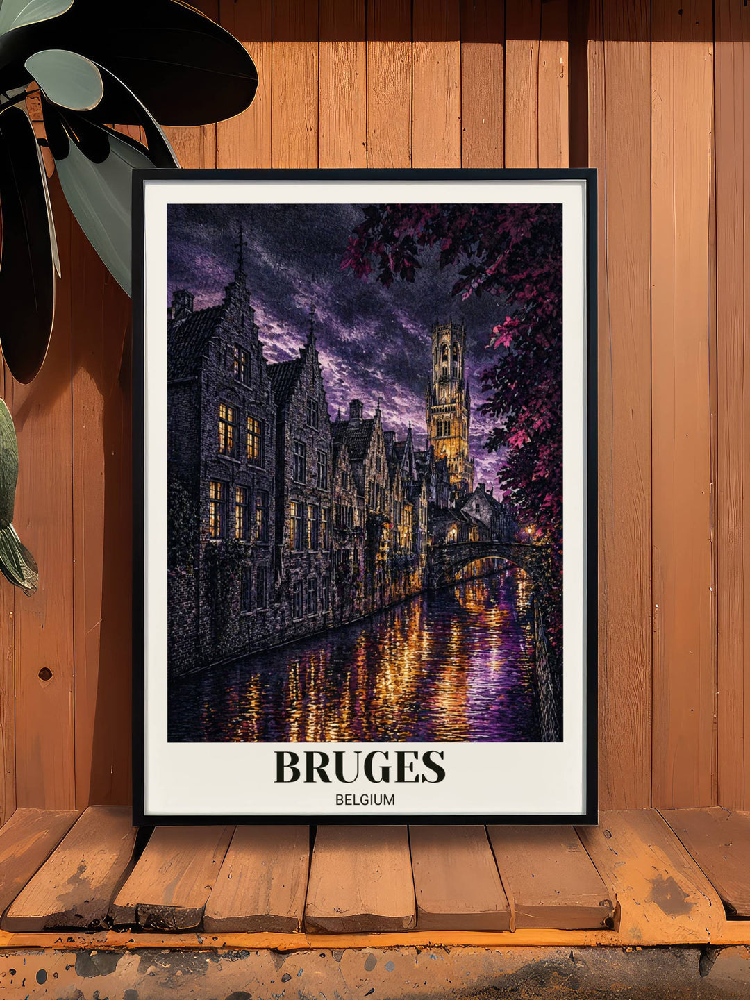 Gothic-inspired Bruges Belgium poster with modern heritage typography, showing the rugged texture of medieval brickwork and the shimmering light of a Belgian sunset on water.