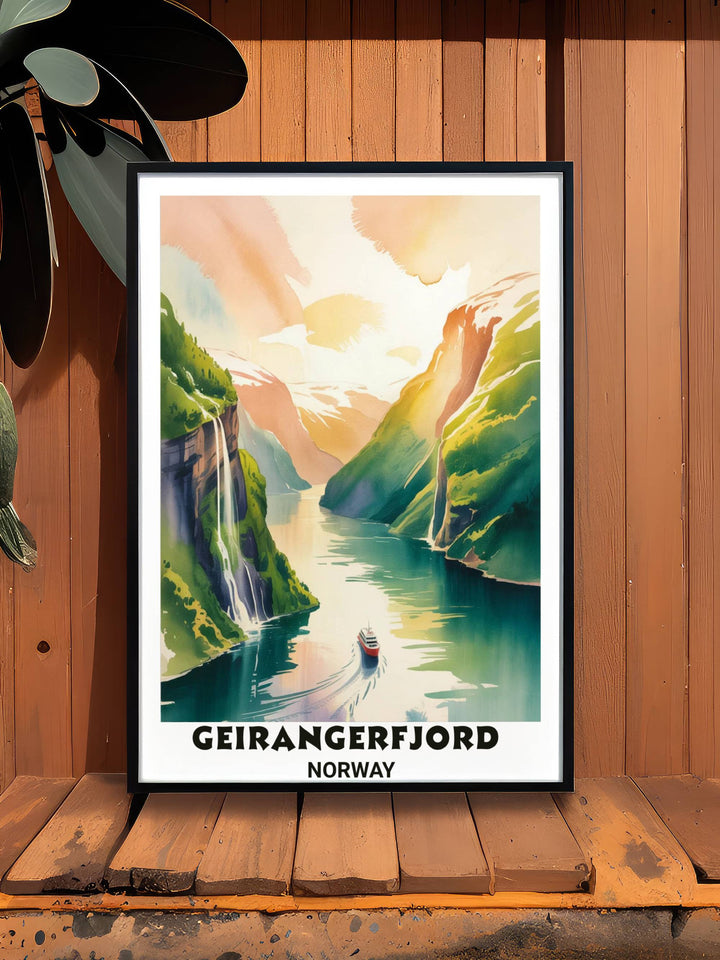 Professional home decor poster of a Norwegian fjord adventure featuring a solitary red ship against massive vertical cliffs and waterfalls in a warm minimalist color palette.