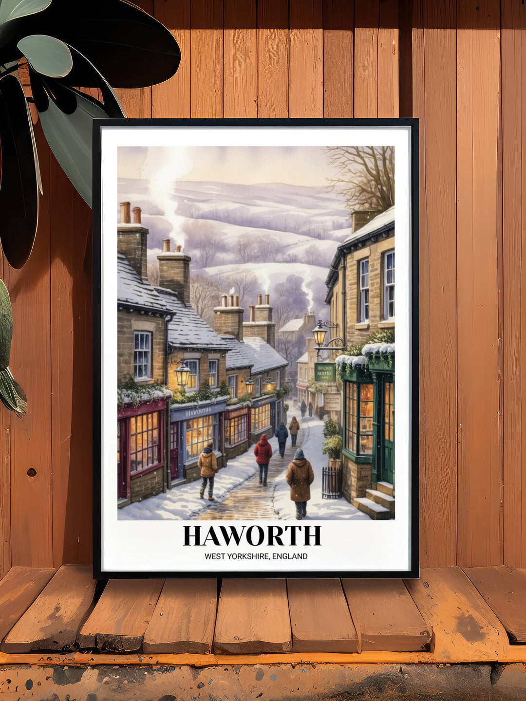 High-quality Haworth winter art print using UV-resistant pigment inks to maintain the bright whites and warm golden glows of a snowy evening.