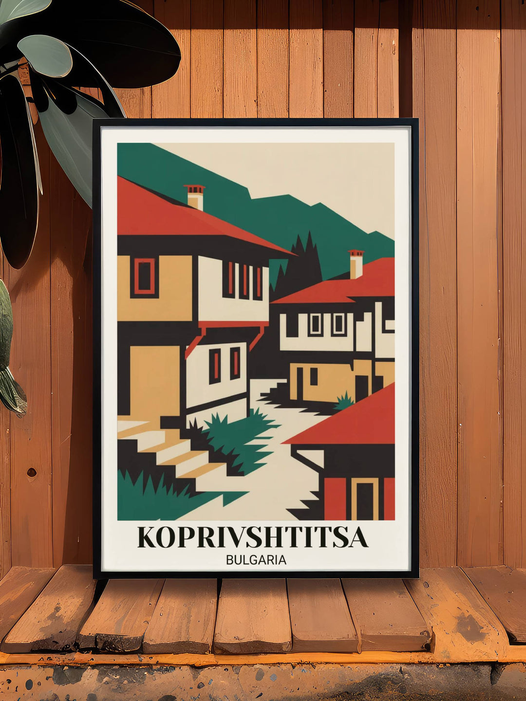 Bold modern Koprivshtitsa Bulgaria poster with geometric folk village interpretation, vibrant red and cream colors, and contemporary minimalist illustration
