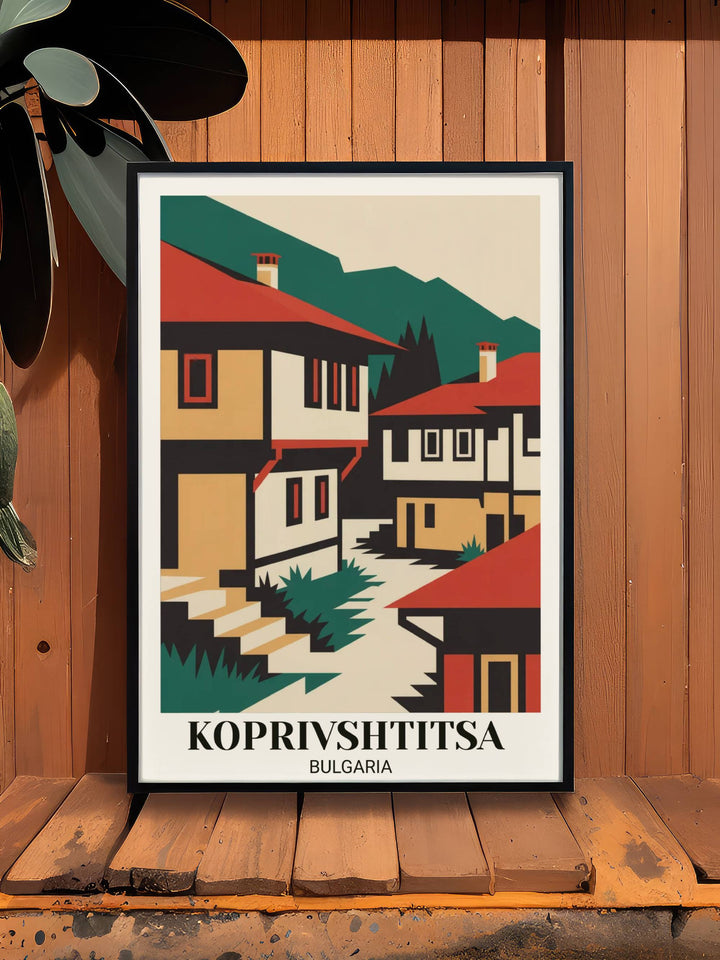 Bold modern Koprivshtitsa Bulgaria poster with geometric folk village interpretation, vibrant red and cream colors, and contemporary minimalist illustration
